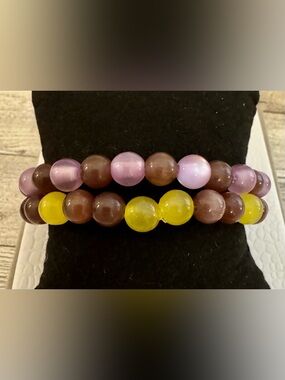 Purple & Yellow Gold Beaded Stretch Bracelet Set of 2